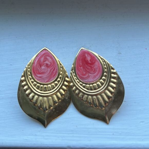 Vintage | 1980’s Teardrop Brass Blanks Pink Post Statement Earrings - Picture 3 of 5